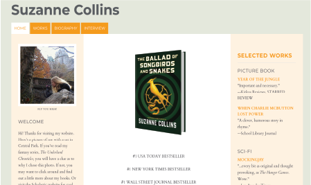 Landing page of author Suzanne Collins website