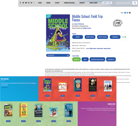 Landing page, Purchase page, Navigation of author James Patterson's website